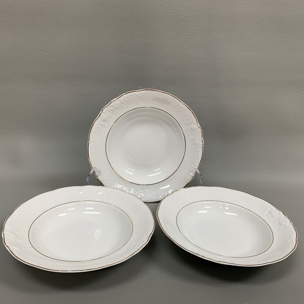 Royal Kent Collection Pasta Soup Bowls Poland White Gold Trim Rimmed Lot of 3
